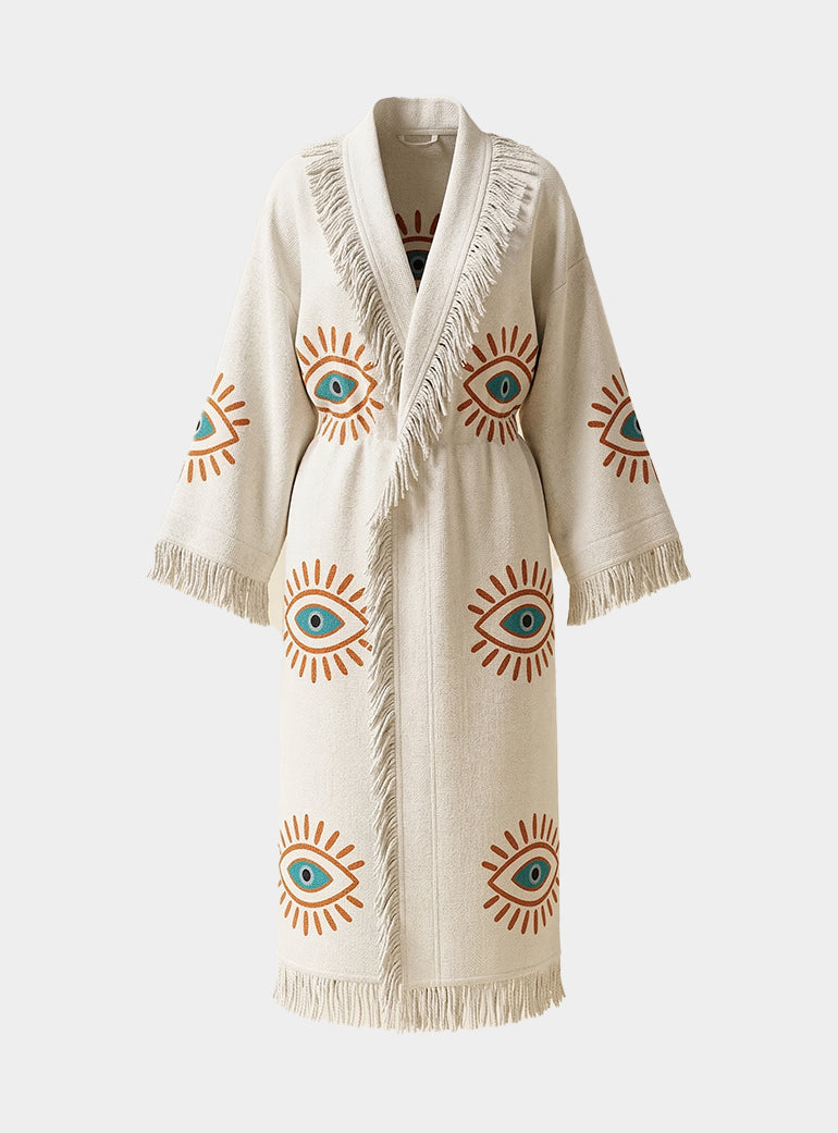 Long Cotton Robe: White with Orange & Blue Eye Loome Lifestyle