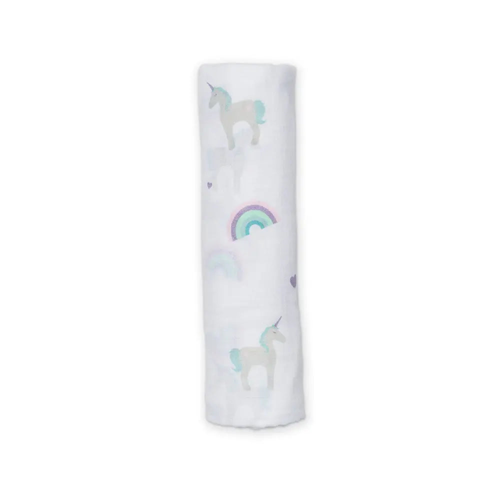Lulujo - Muslin Swaddle - Rainbows & Unicorns (120cm x 120cm) Lulujo