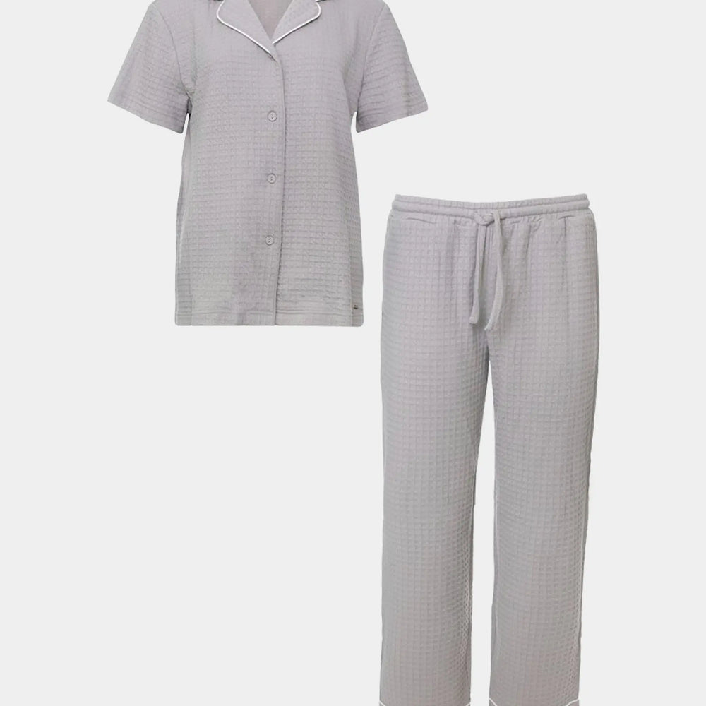 Luxury Suite Waffle Short Shirt Trouser Set in Grey Pretty You London