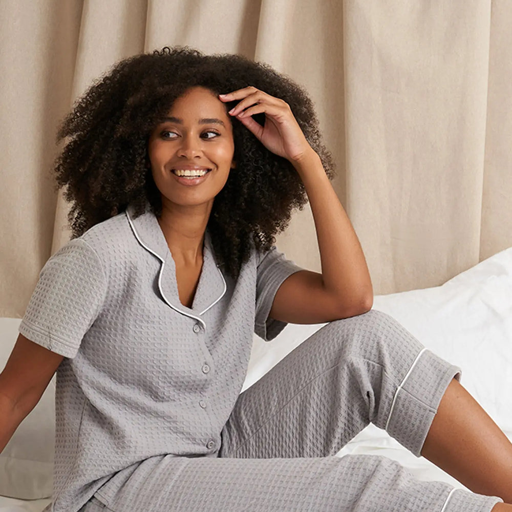 Luxury Suite Waffle Short Shirt Trouser Set in Grey Pretty You London