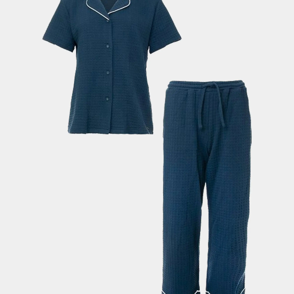 Luxury Suite Waffle Short Shirt Trouser Set in Marine Blue Pretty You London