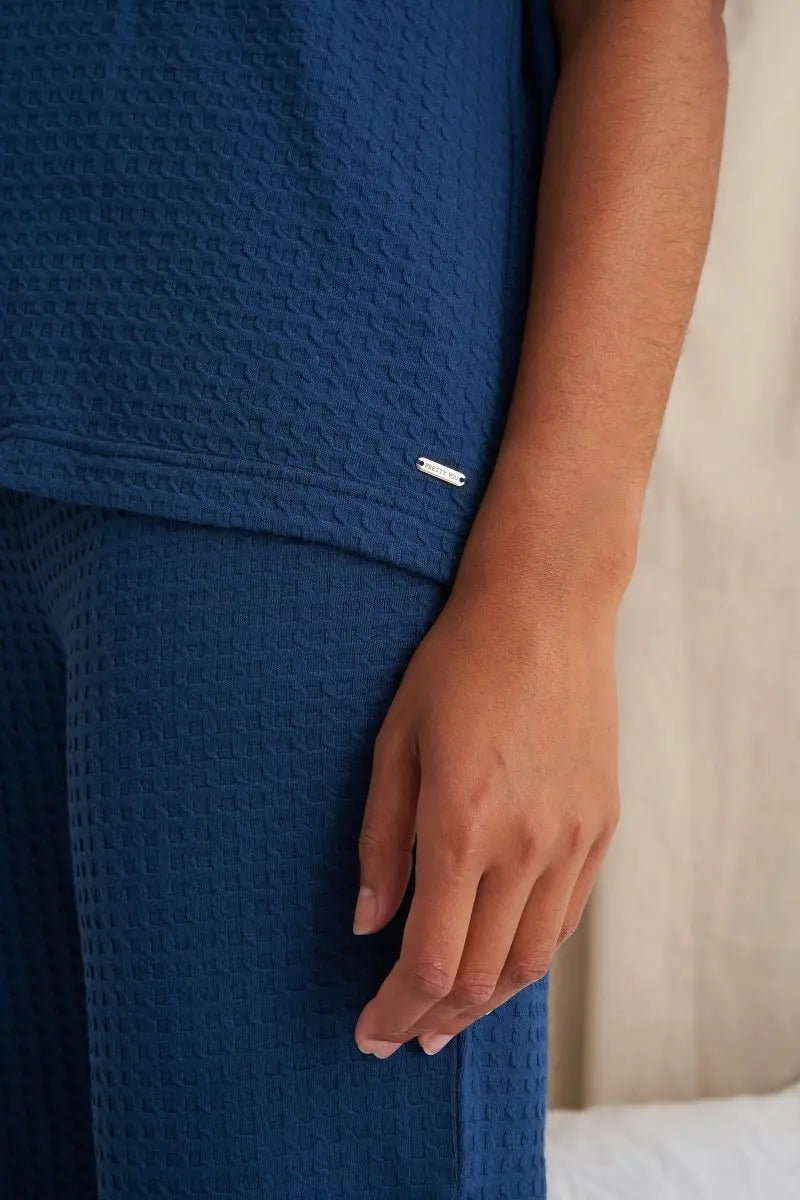 Luxury Suite Waffle Short Shirt Trouser Set in Marine Blue Pretty You London