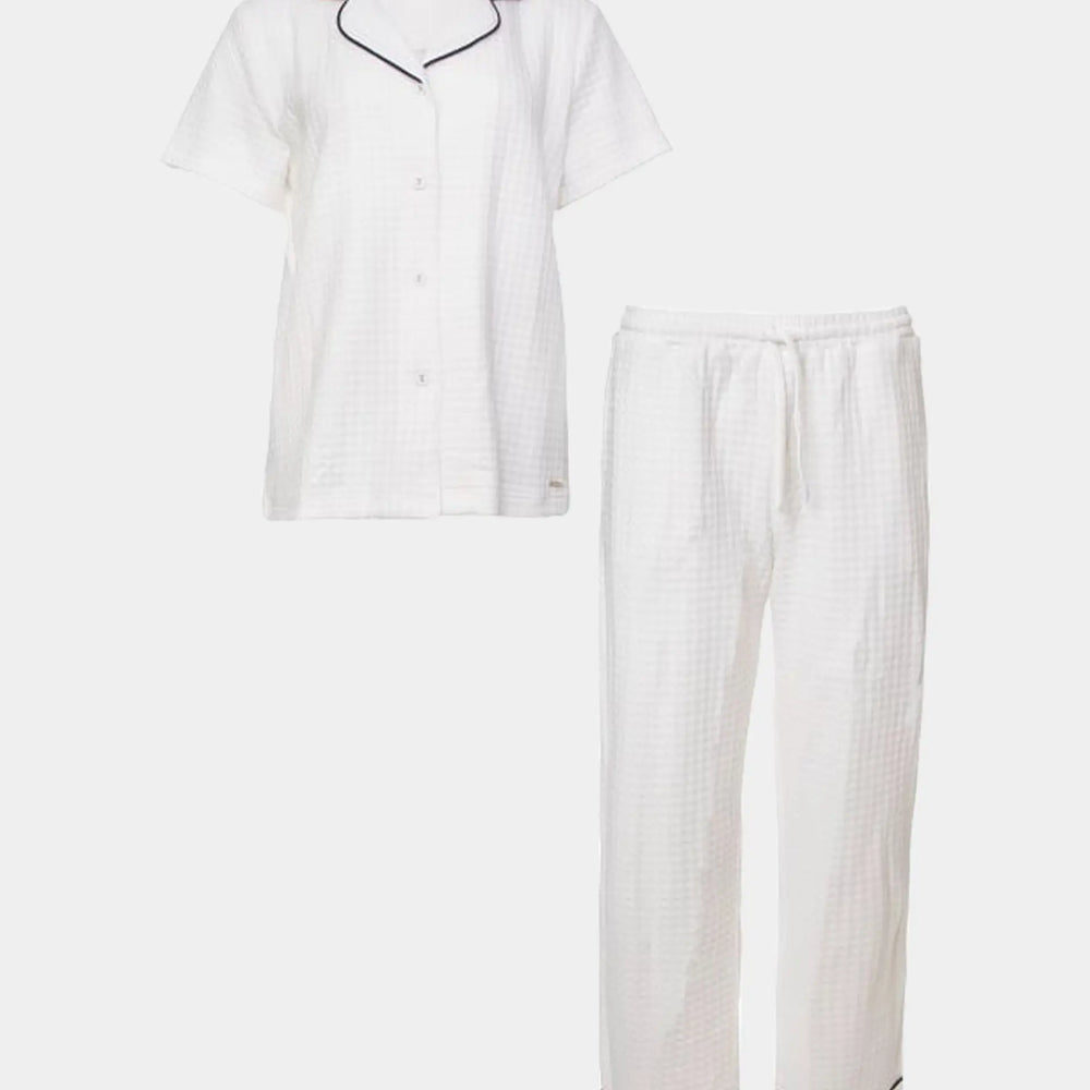 Luxury Suite Waffle Short Shirt Trouser Set in White Pretty You London
