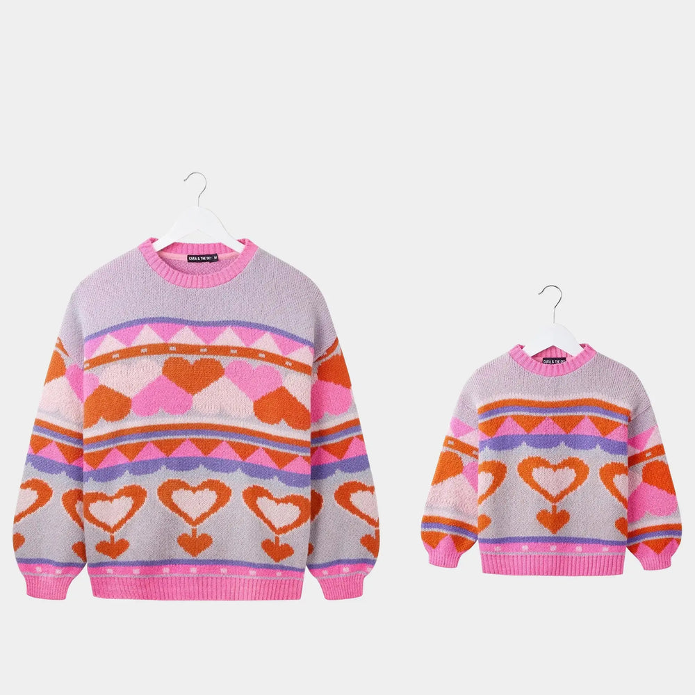 Maching Poppy Mini Me & Adult Jumper Set - Heart Intarsia Knit - Blue Cara & The Sky