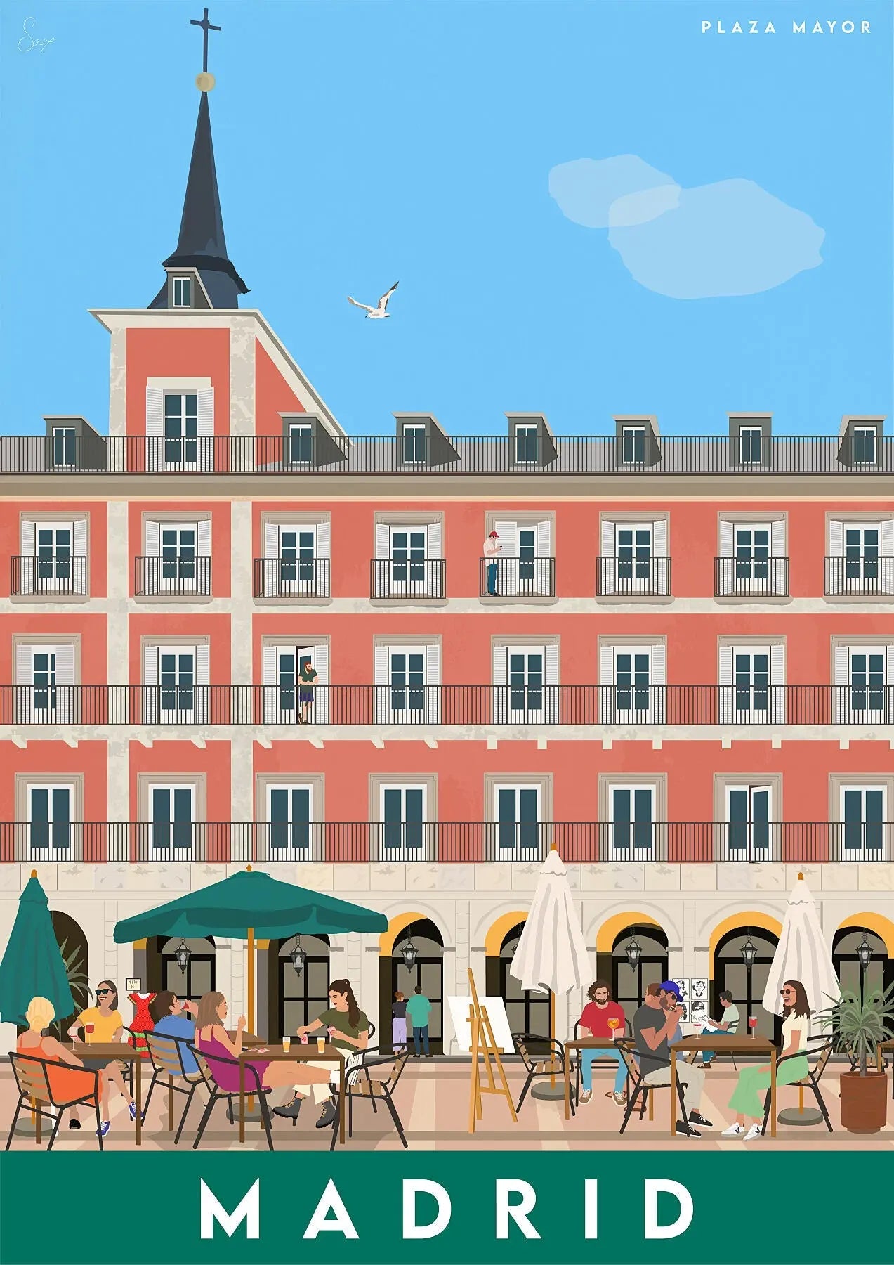 Madrid, Plaza Mayor Travel art by SAX Doodle