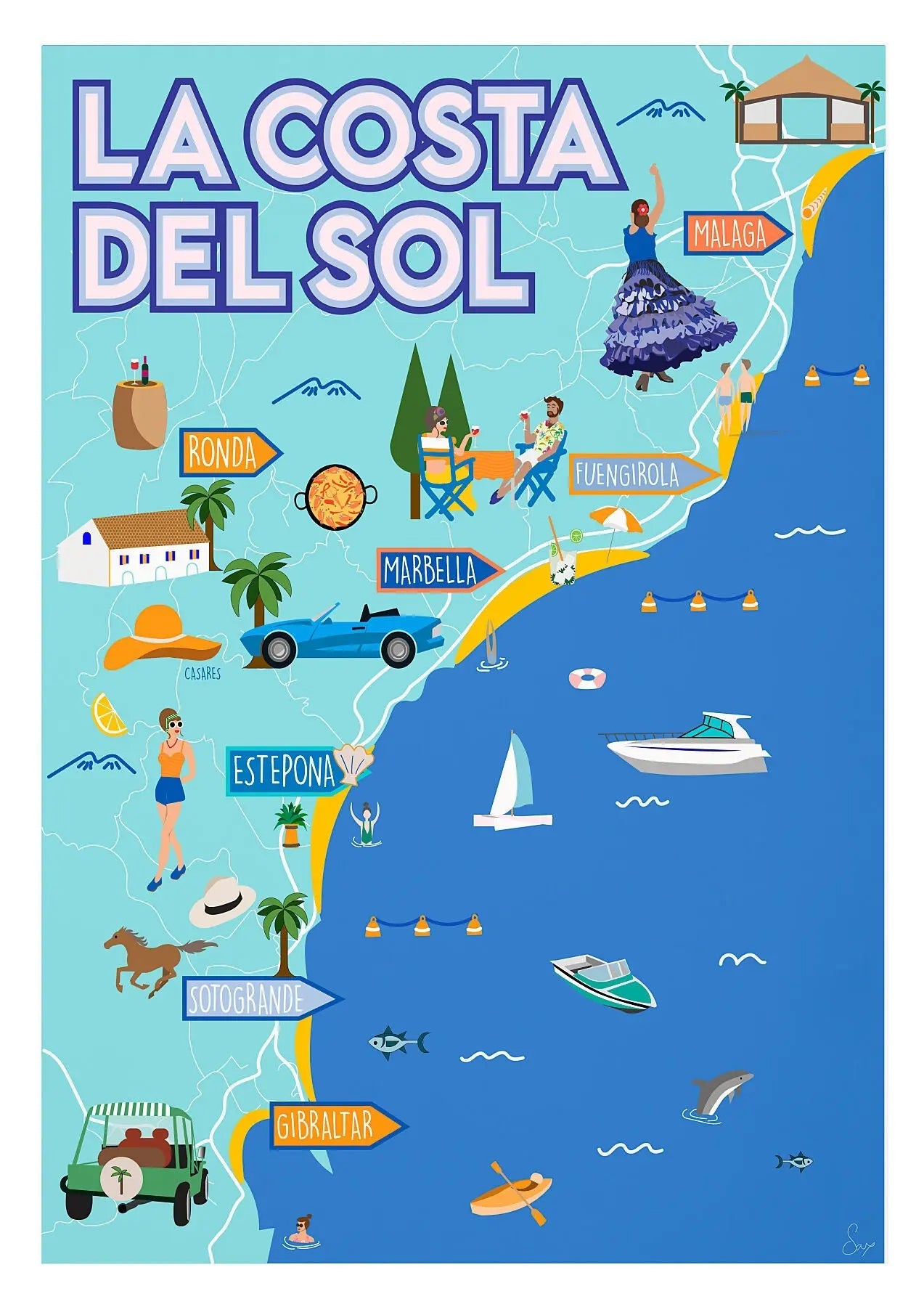 Map of Costa Del Sol Travel art by SAX Doodle