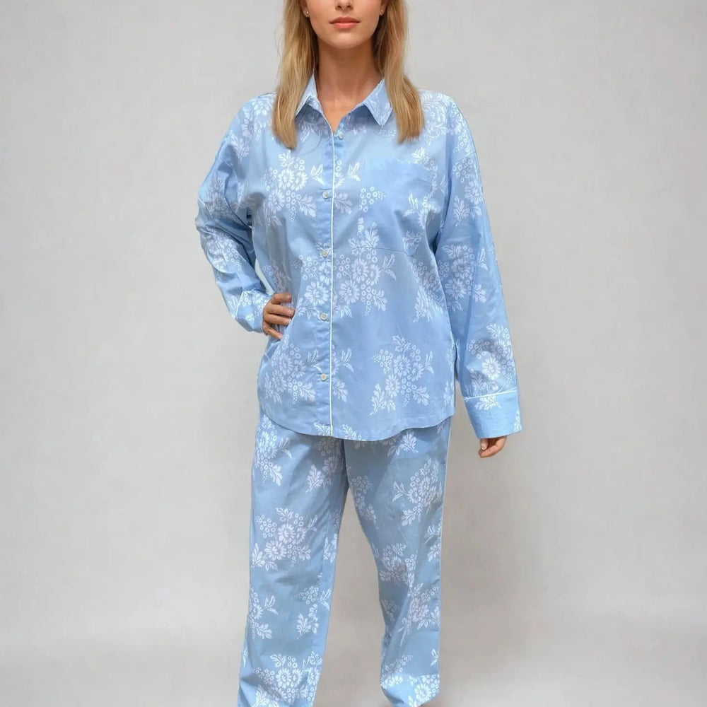 Marguerite Long Sleeve Set, Organic Cotton blue-white print AMOKA DALO
