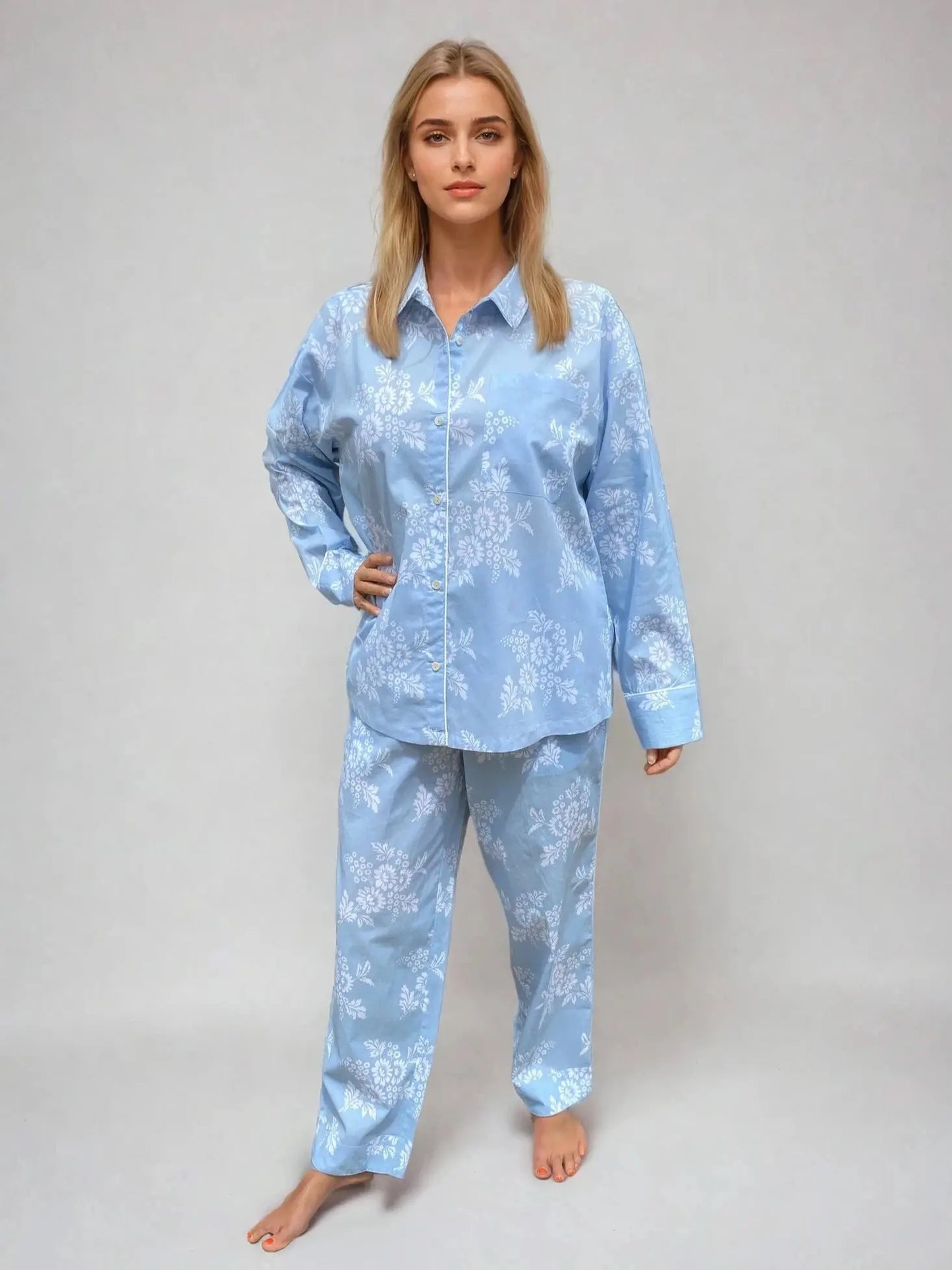 Marguerite Long Sleeve Set, Organic Cotton blue-white print AMOKA DALO