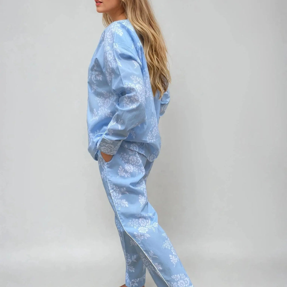 Marguerite Long Sleeve Set, Organic Cotton blue-white print AMOKA DALO