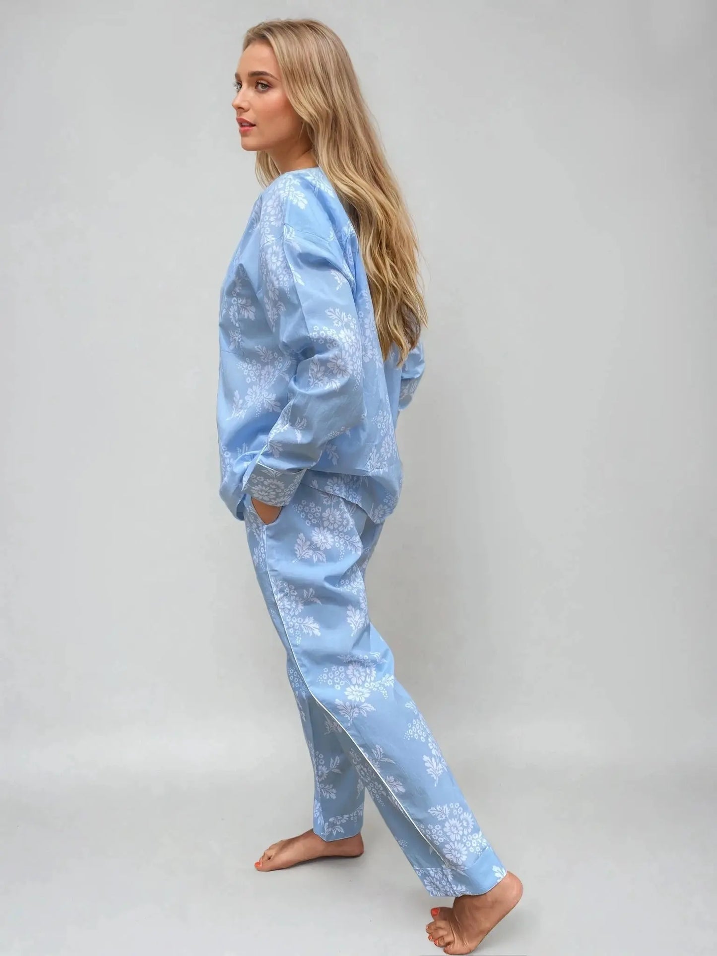 Marguerite Long Sleeve Set, Organic Cotton blue-white print AMOKA DALO