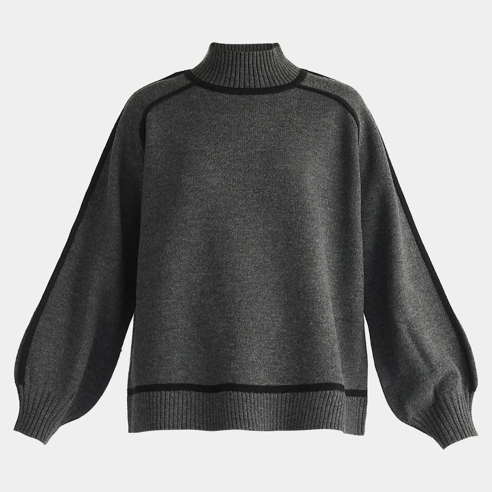 Marl Dark Grey and Black Contrast Stripe Piping Mock Neck Jumper Paisie