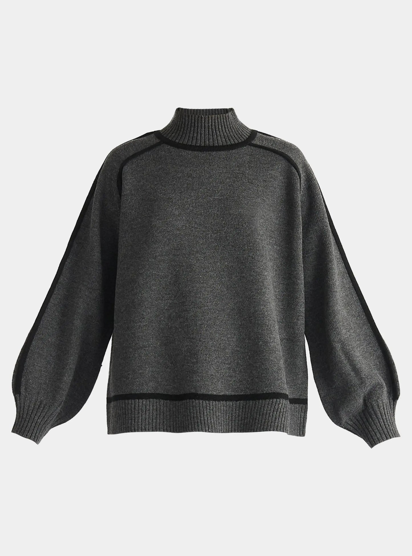 Marl Dark Grey and Black Contrast Stripe Piping Mock Neck Jumper Paisie