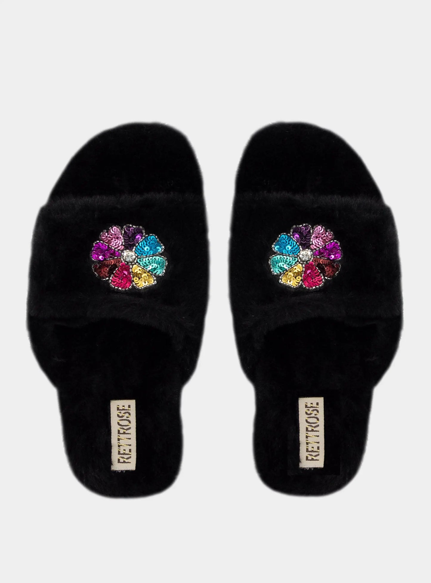 Marnie Black Luxury Plush Diamanté Embellished Handmade Slipper Rettrose