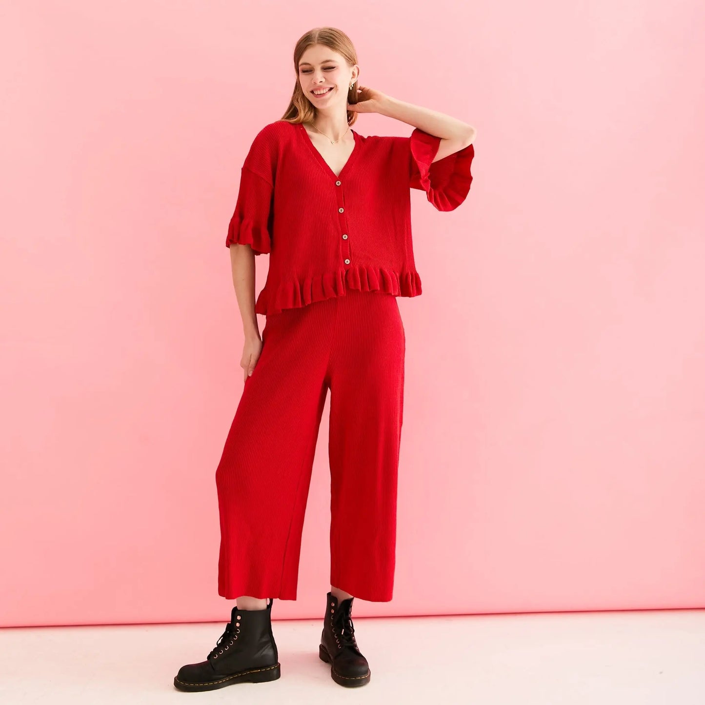 Martha Wide Leg Knitted Trousers Co-Ord - Red Cara & The Sky