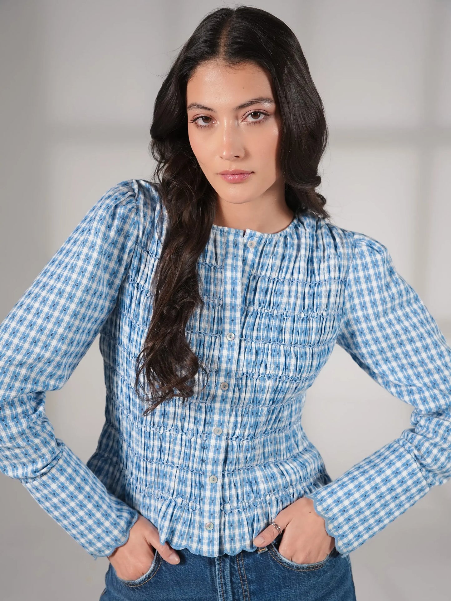 Mary Blue Gingham Check Smocked Blouse Rose & Nancy