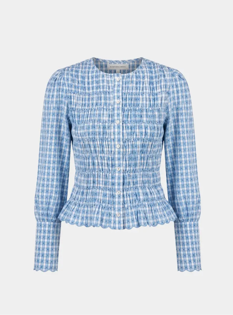 Mary Blue Gingham Check Smocked Blouse Rose & Nancy