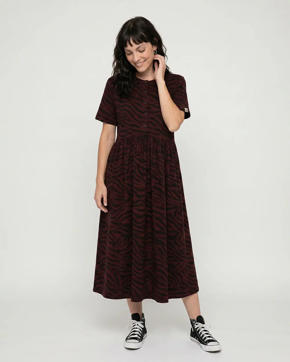 Matilda Burgundy Tiger Print Midi Dress Turtledove London