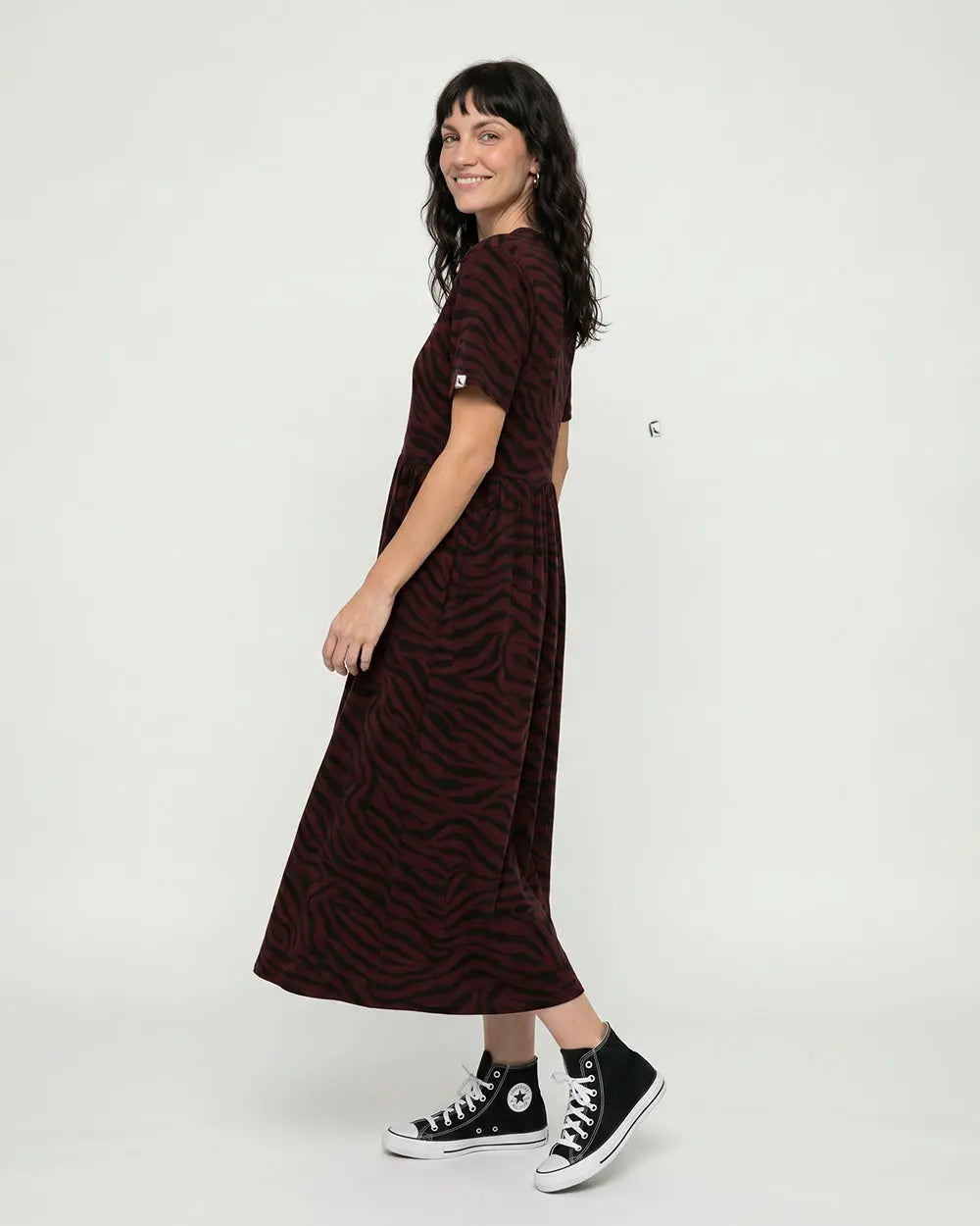 Matilda Burgundy Tiger Print Midi Dress Turtledove London
