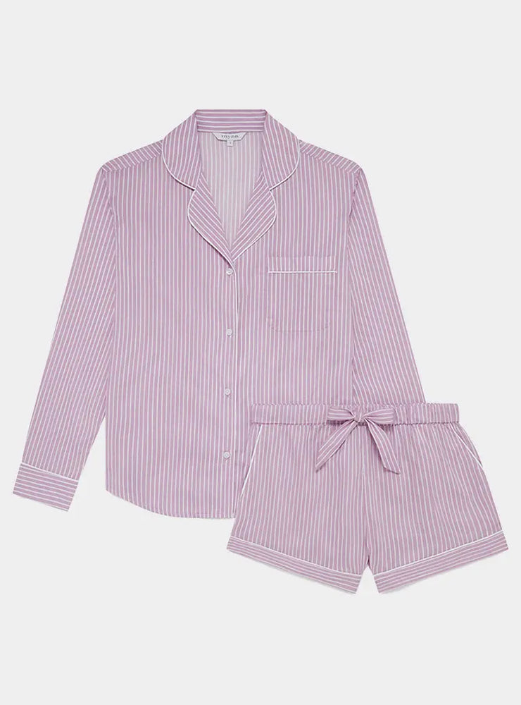 Mauve Stripe Women's Long Sleeve Organic Cotton Pyjama Short Set Myza