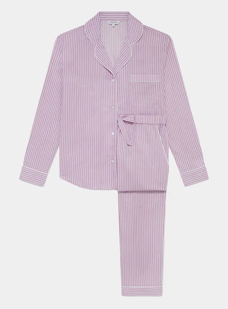 Mauve Stripe Women's Long Sleeve Organic Cotton Pyjama Trouser Set Myza