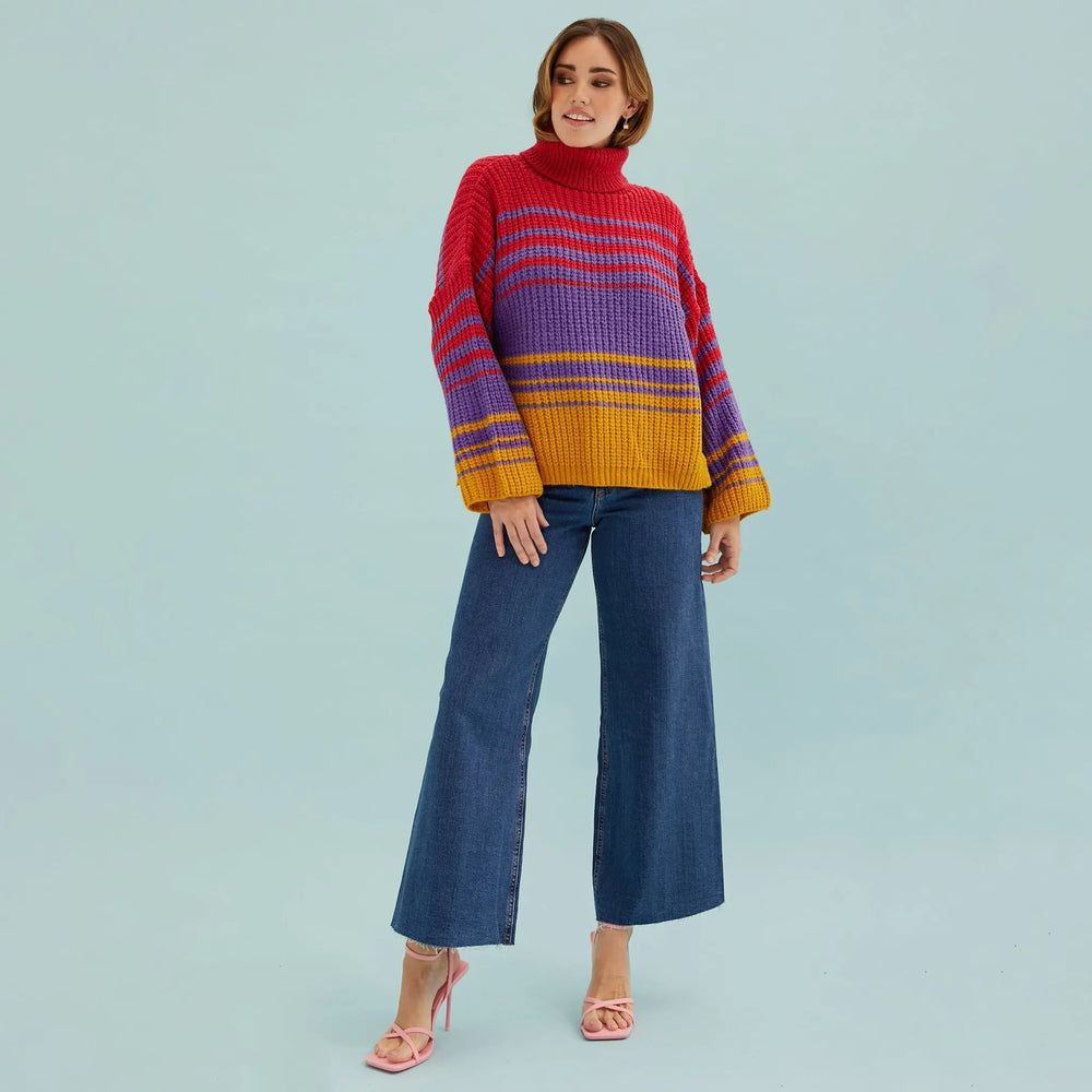 Megan Roll Neck Stripe Jumper - Cherry Red Cara & The Sky
