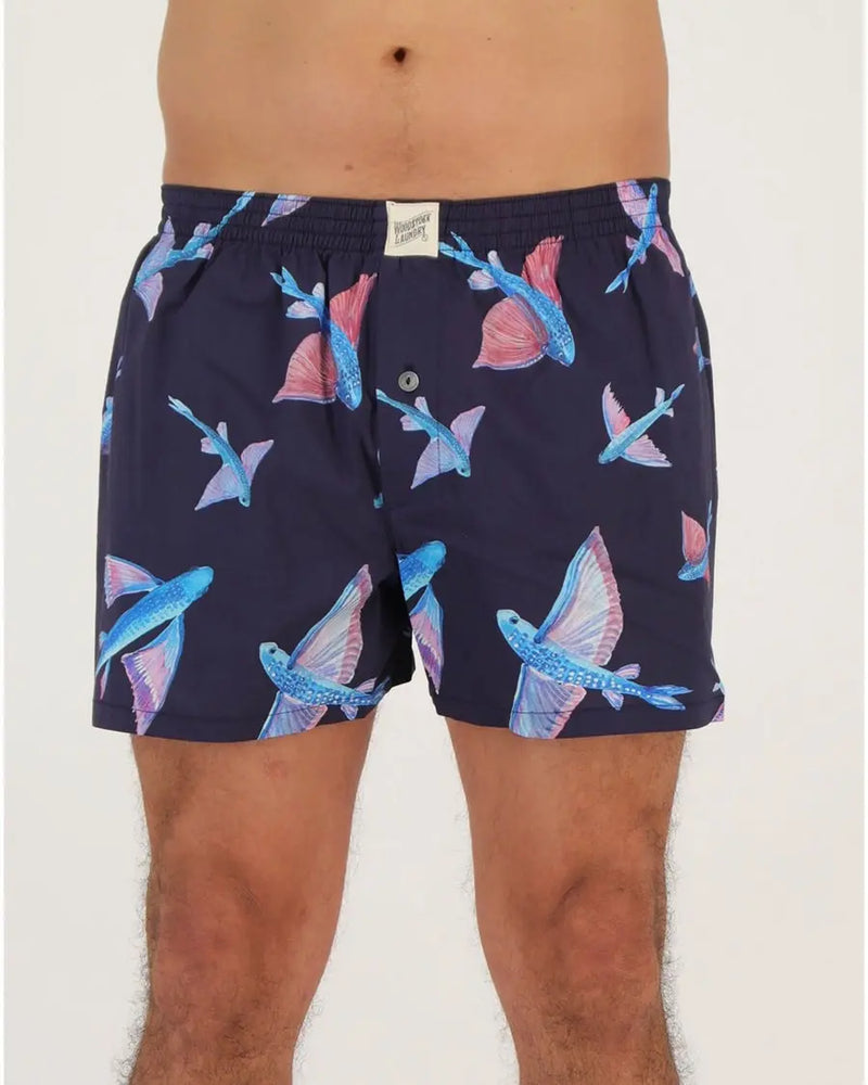 Mens Boxer Shorts - Flying Fish Black Woodstock Laundry