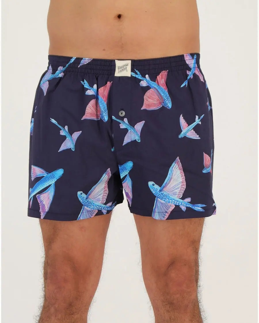 Mens Boxer Shorts - Flying Fish Black Woodstock Laundry