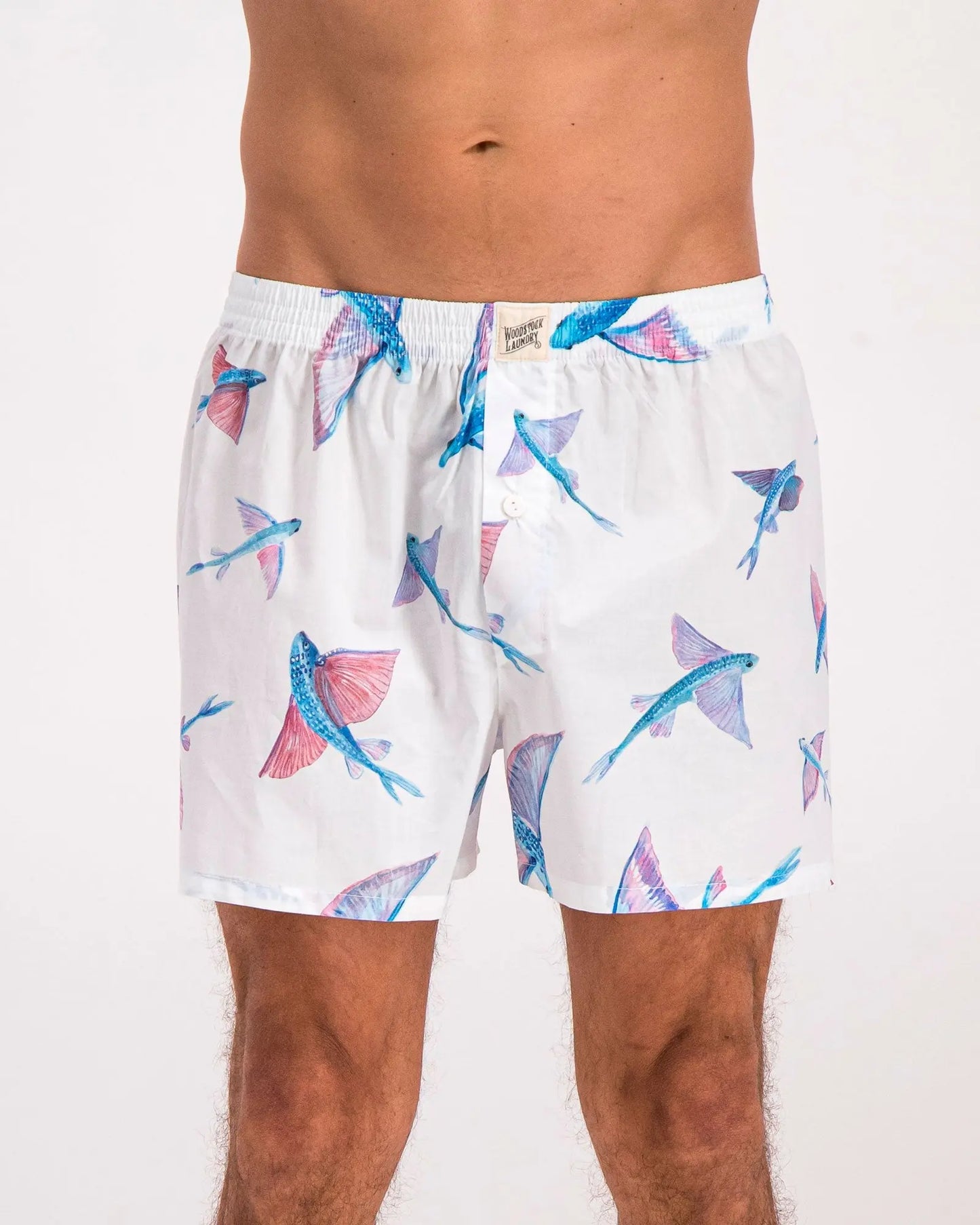 Mens Boxer Shorts - Flying Fish White Woodstock Laundry