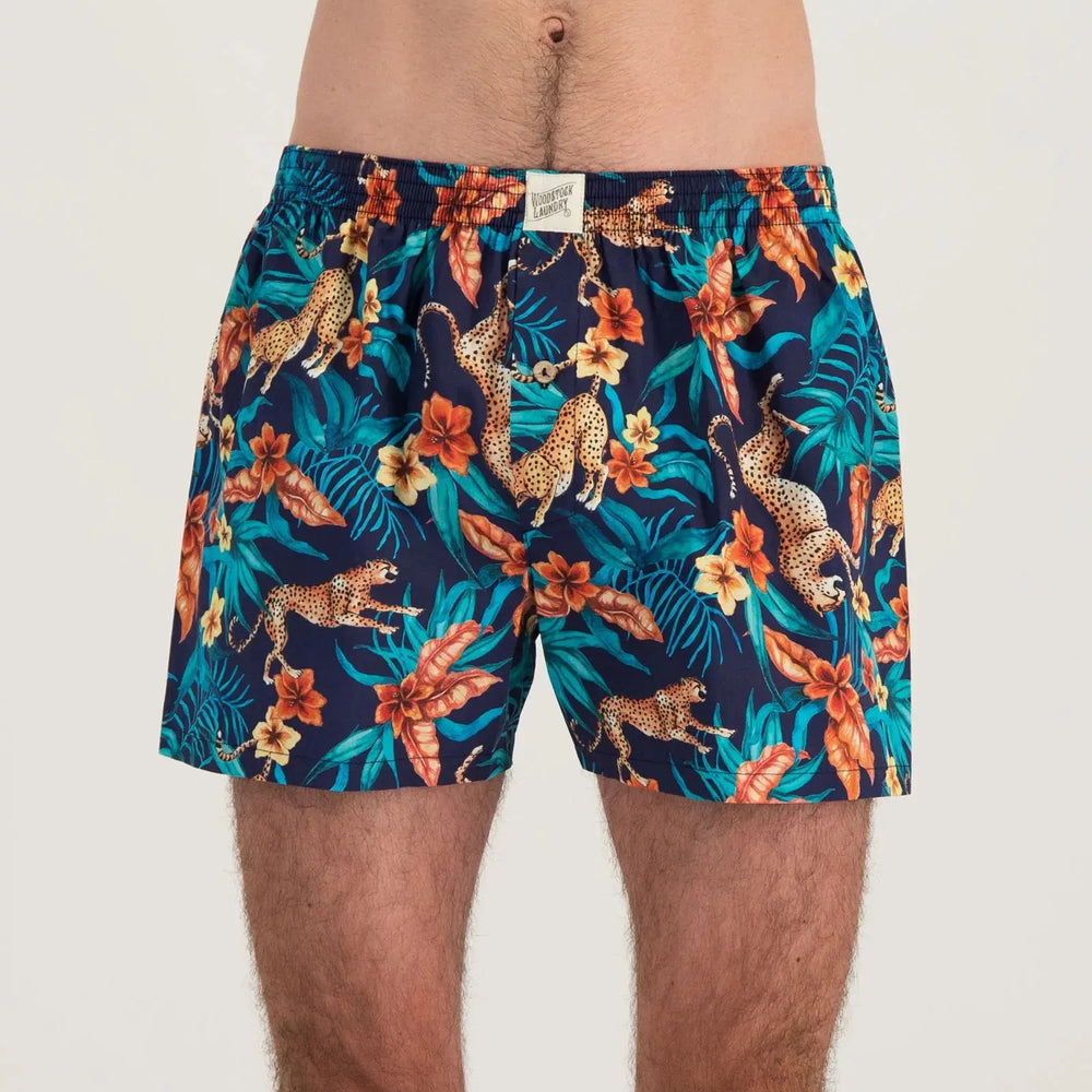 Mens Boxer Shorts - Jungle Cheetah Navy Woodstock Laundry