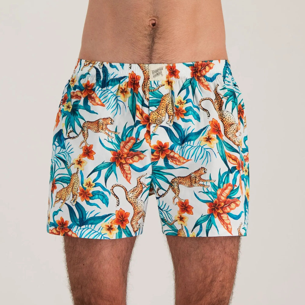 Mens Boxer Shorts - Jungle Cheetah White Woodstock Laundry