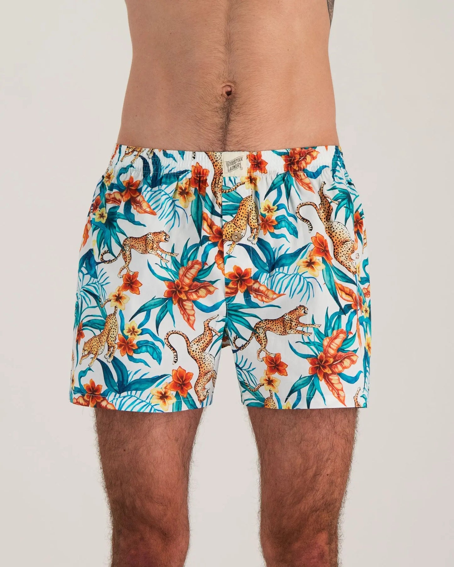Mens Boxer Shorts - Jungle Cheetah White Woodstock Laundry