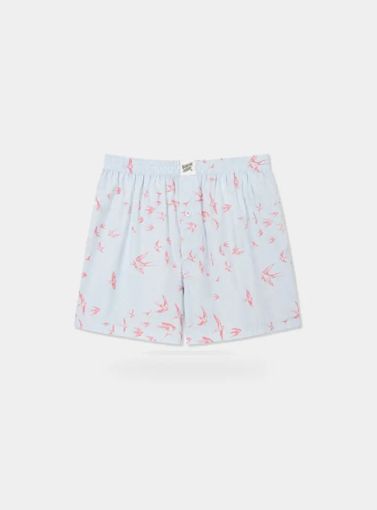 Mens Boxer Shorts - Pink Swallows on Pale Blue Woodstock Laundry
