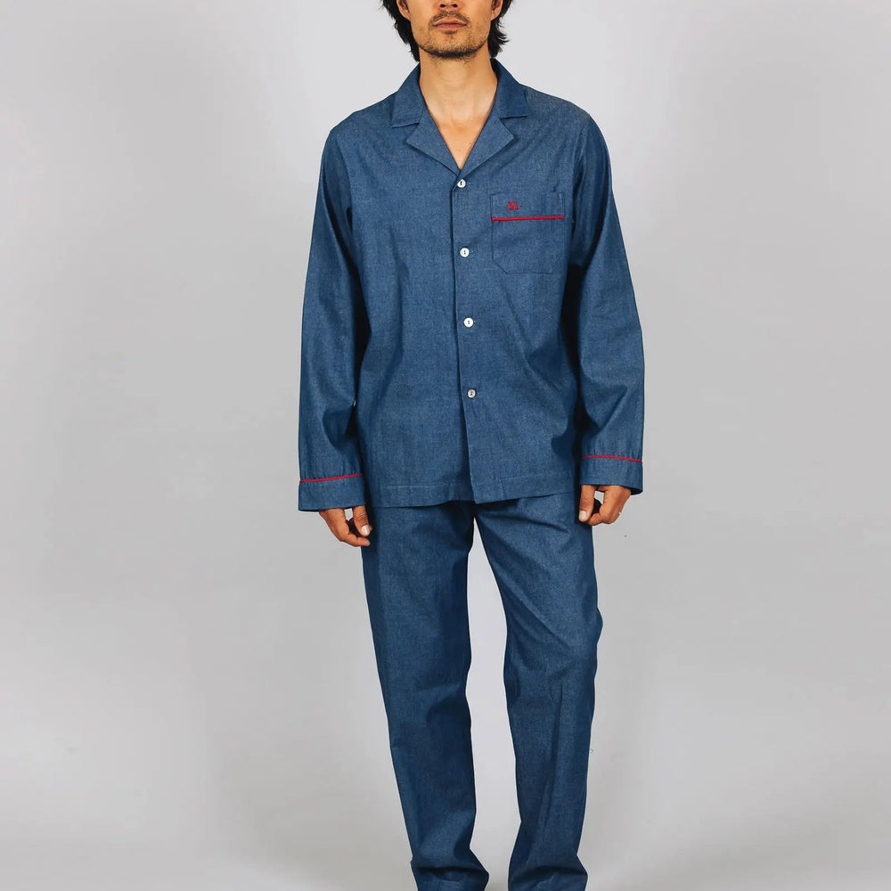 Mens Long Pyjamas - Denim Medium Blue Woodstock Laundry