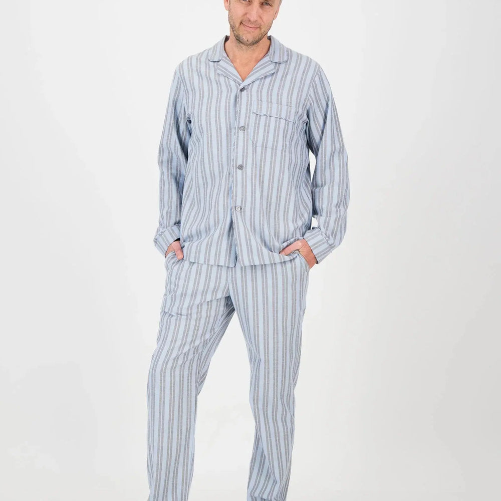 Mens Long Pyjamas - Flannel Turquoise & Charcoal Stripe Woodstock Laundry