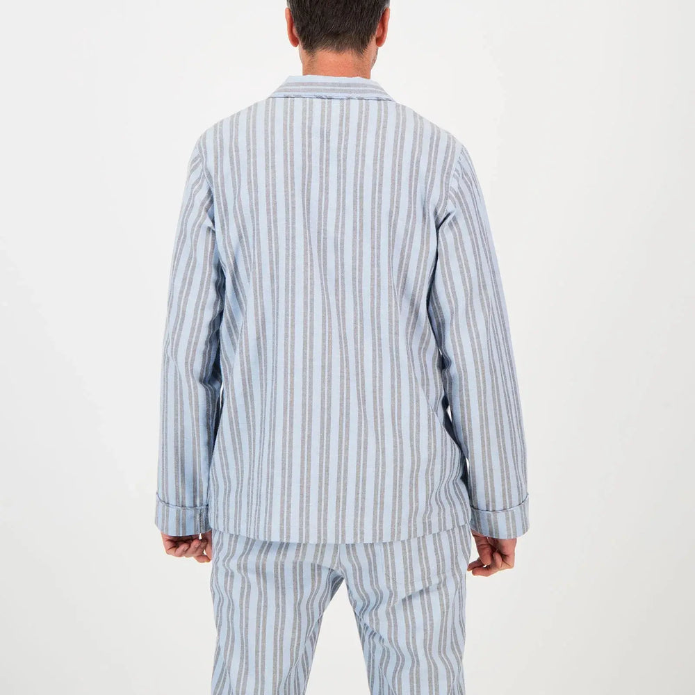 Mens Long Pyjamas - Flannel Turquoise & Charcoal Stripe Woodstock Laundry