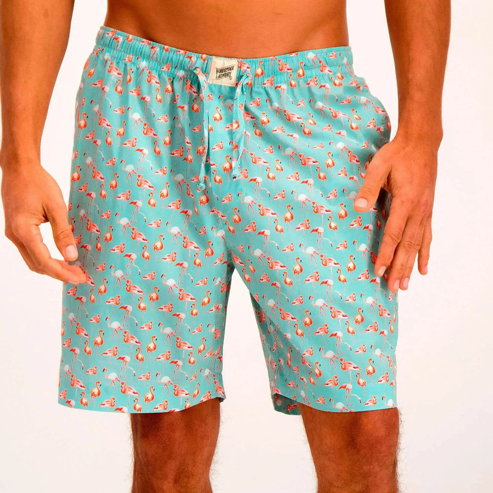 Mens Lounge Shorts - Blue Flamingos Woodstock Laundry