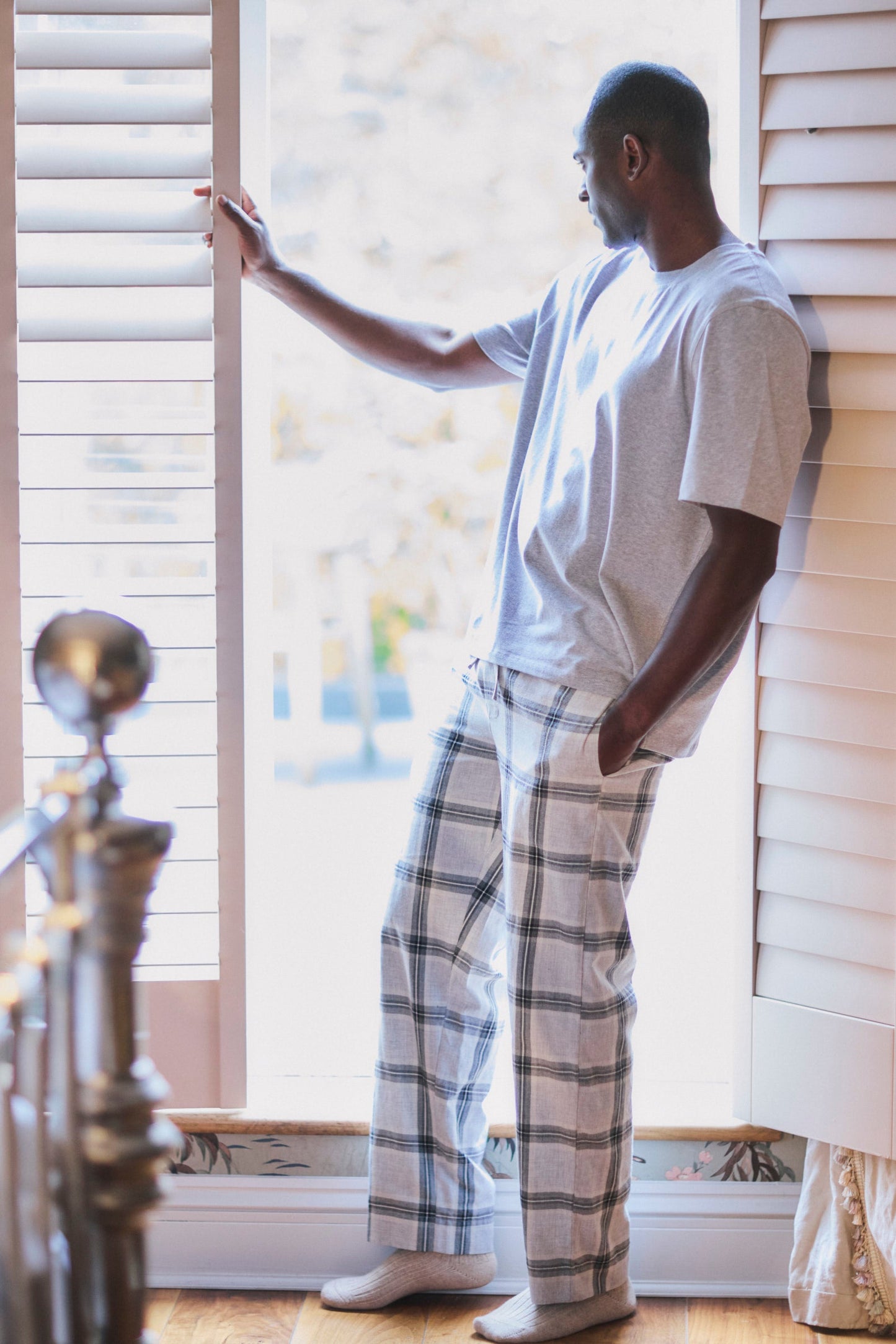 Men's Grey Marl Cotton Modal Short Sleeve Top and Grey Check Bottoms Set MAMU Dream