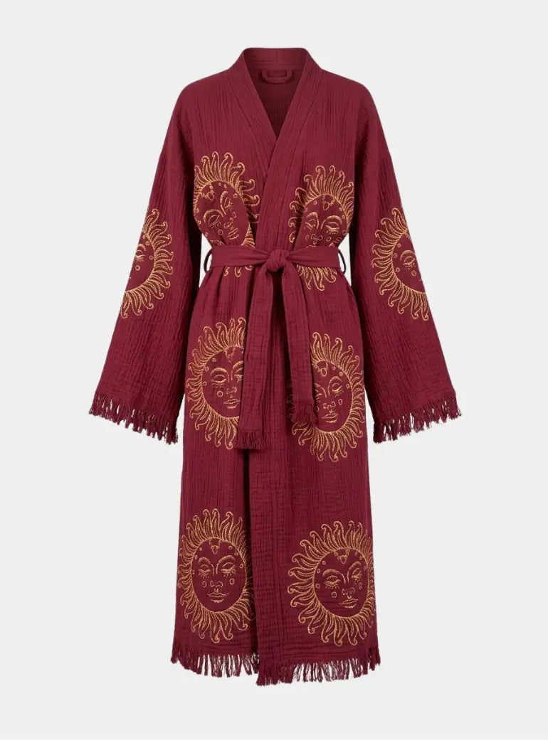 Merlot with Gold Sun Long Cotton Robe Loome Lifestyle