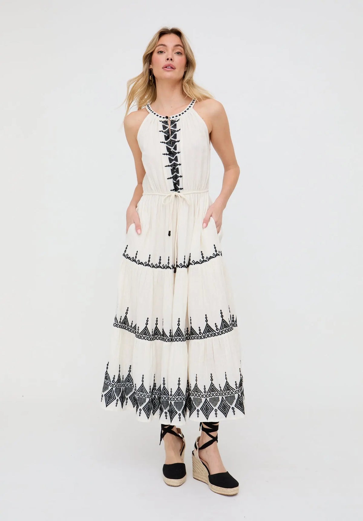 Mia Halter Neck Embroidered Maxi Dress In White Raffya