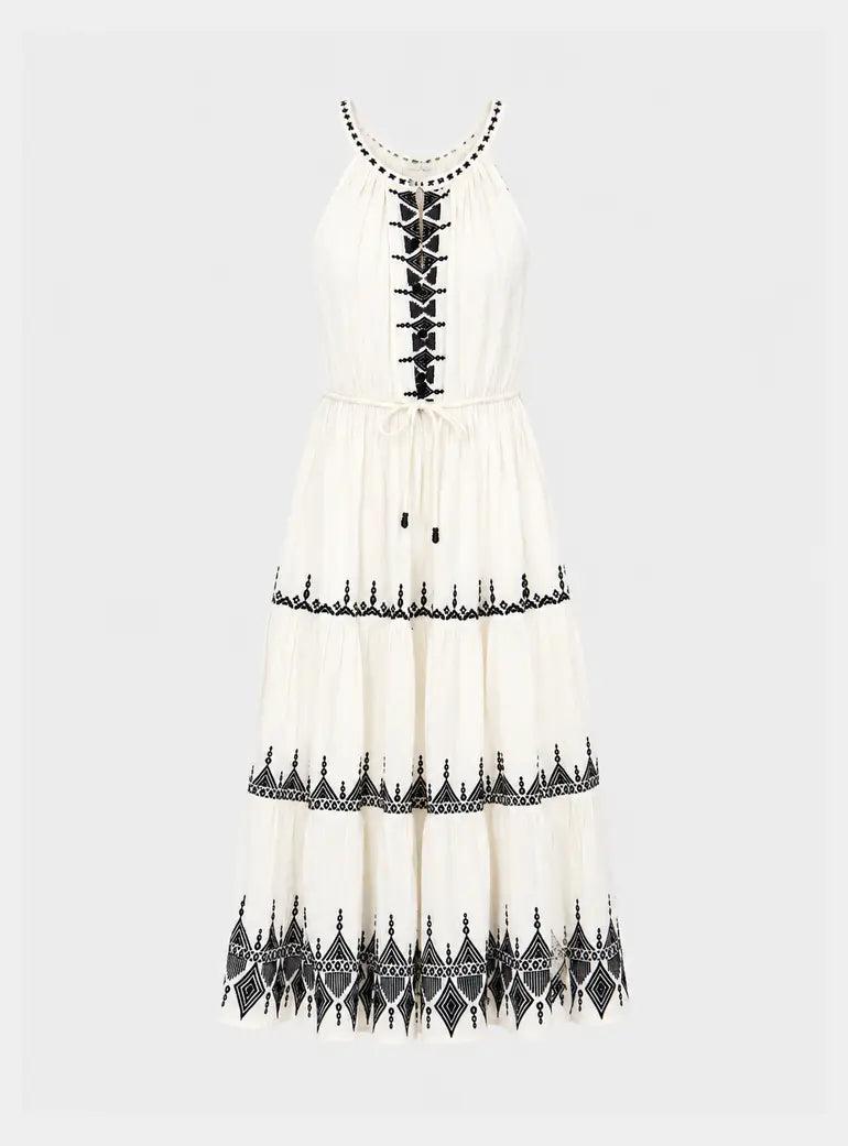 Mia Halter Neck Embroidered Maxi Dress In White Raffya
