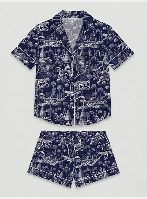 Midnight Jungle Women's Satin Pyjama Short Set Myza