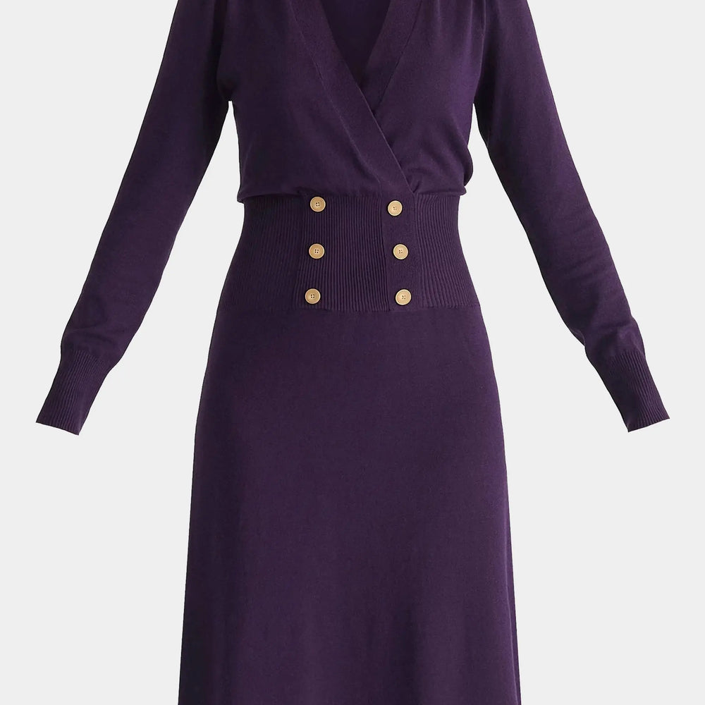 Midnight Plum Long Sleeve Knitted Button Wrap Dress Paisie