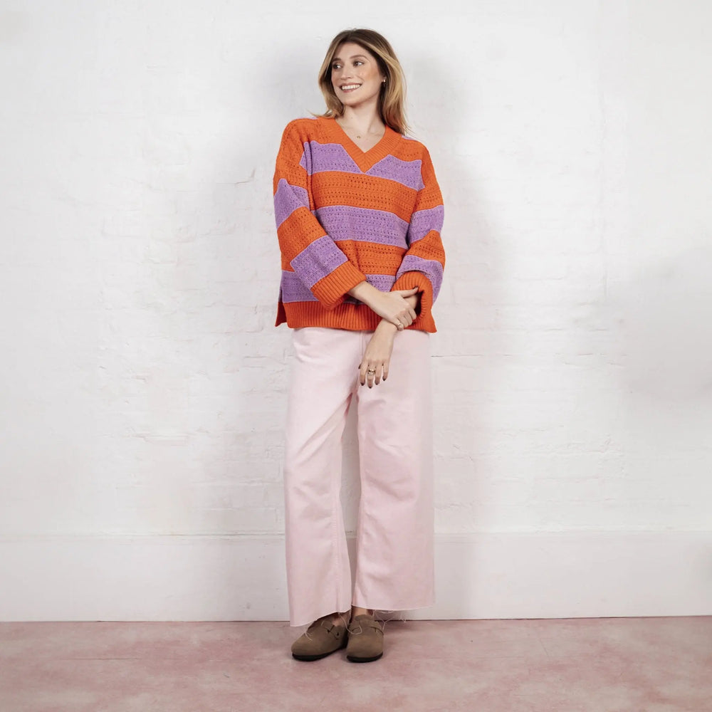 Millie Crochet Stripe v Neck Cotton Blend Jumper - Orange Cara & The Sky