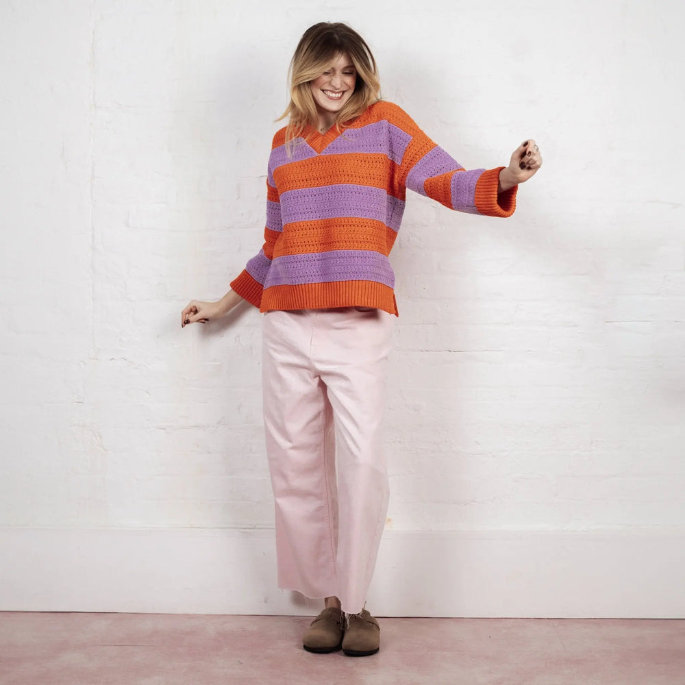 Millie Crochet Stripe v Neck Cotton Blend Jumper - Orange Cara & The Sky