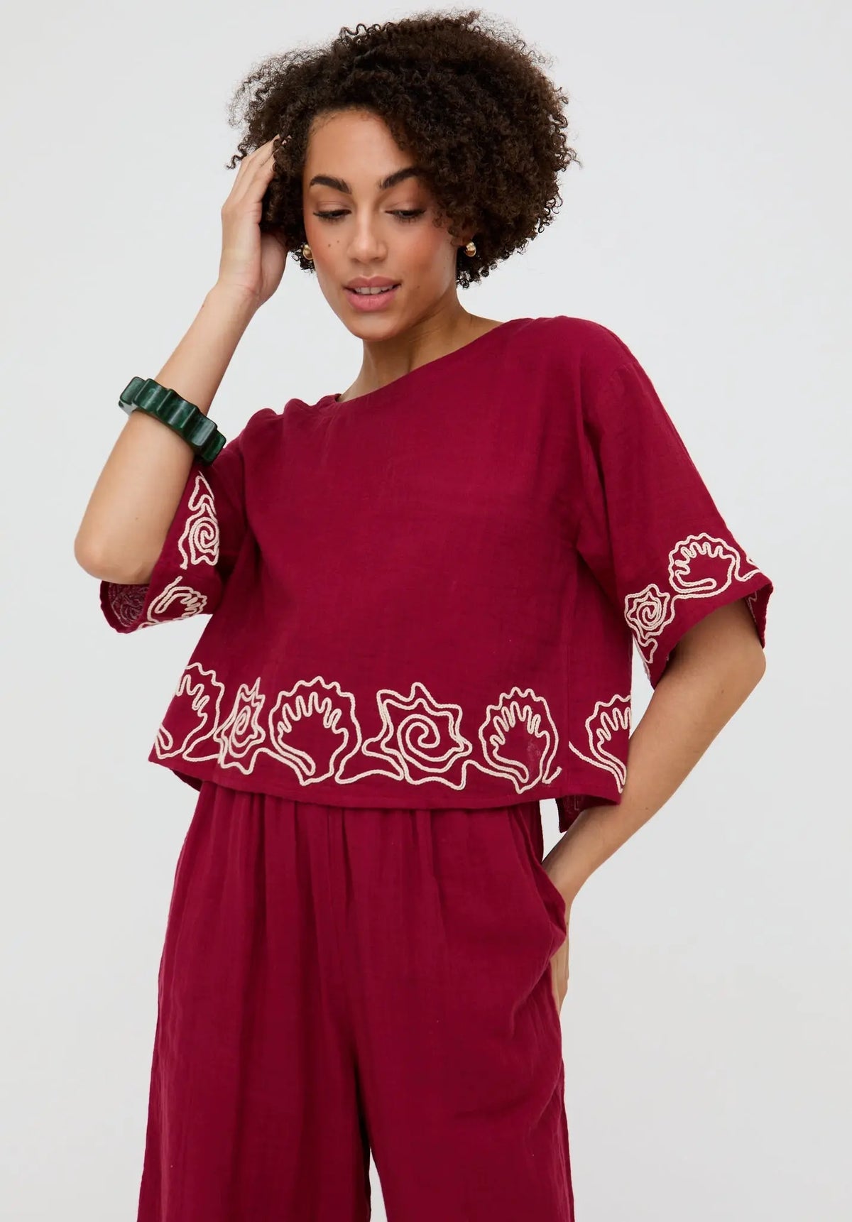 Milly Embroidered Split Open Back Blouse In Berry Raffya