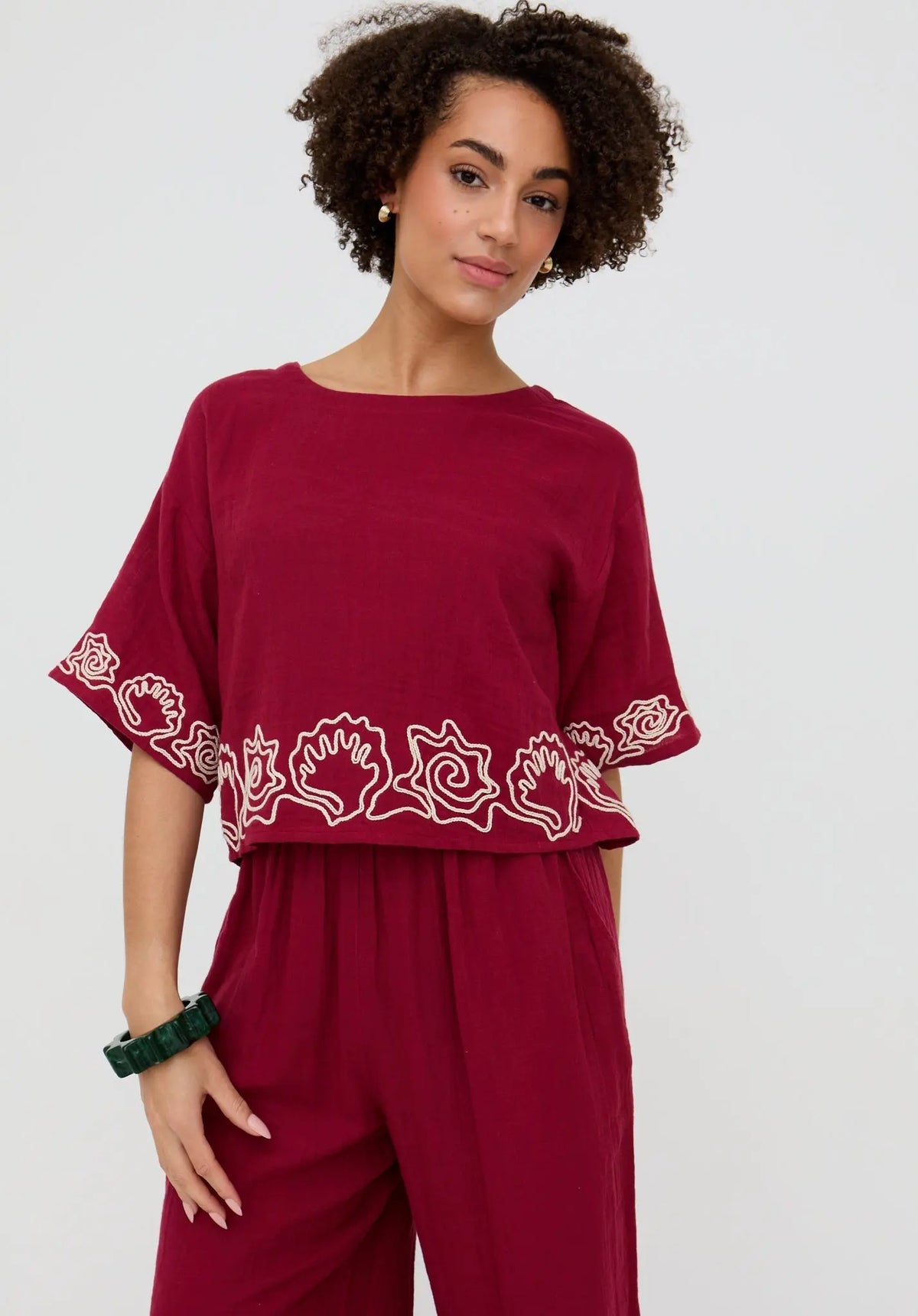 Milly Embroidered Split Open Back Blouse In Berry Raffya