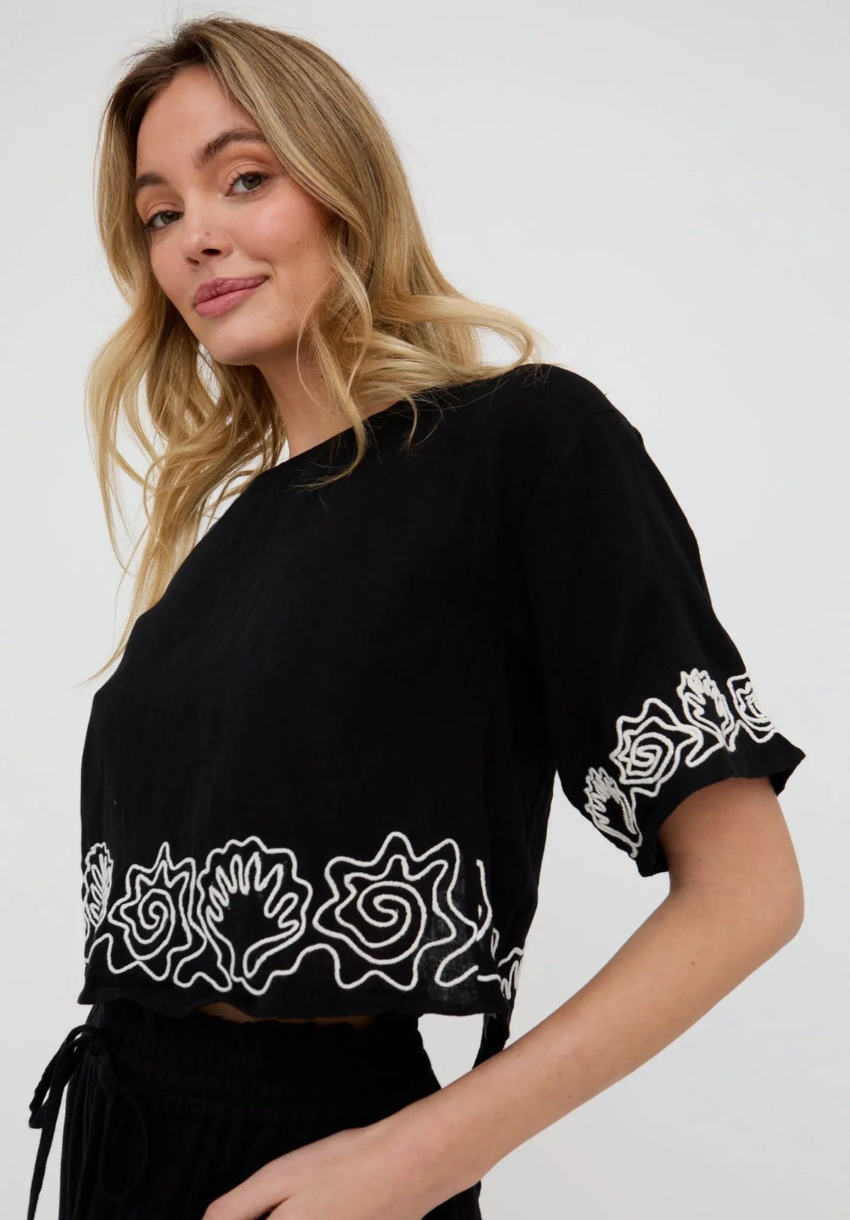 Milly Embroidered Split Open Back Blouse In Black Raffya