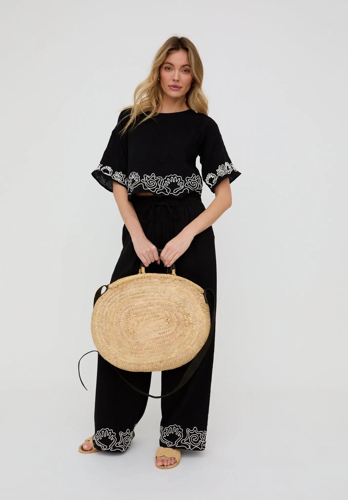 Milly Embroidered Split Open Back Blouse In Black Raffya