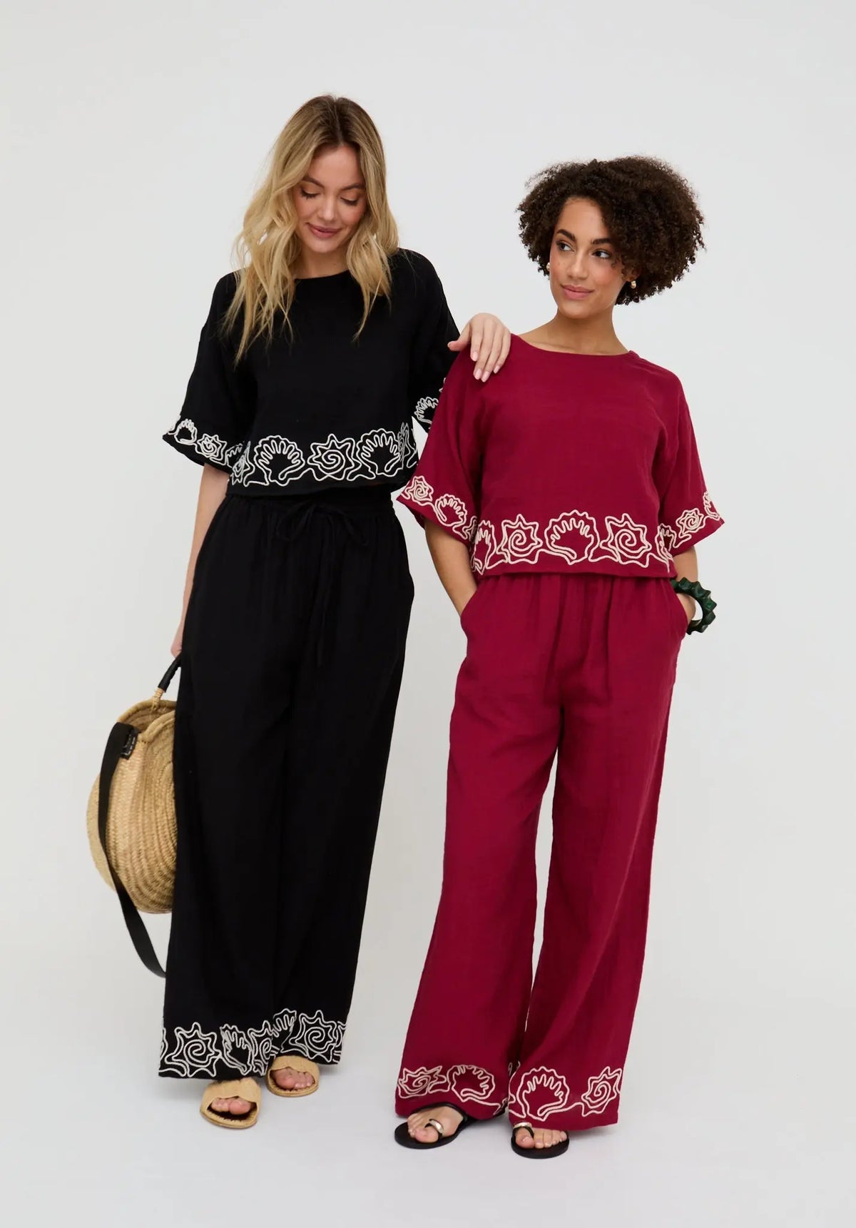 Milly Wide Leg Embroidered Trouser In Berry Raffya