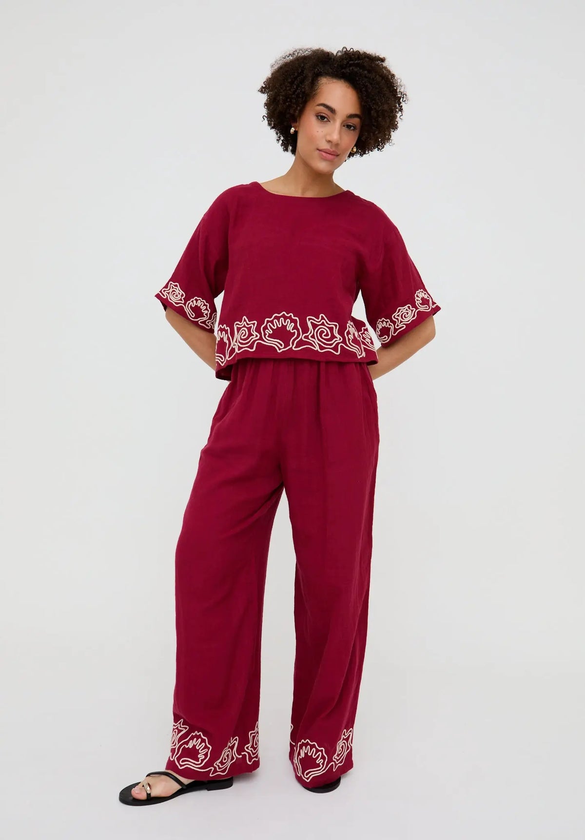 Milly Wide Leg Embroidered Trouser In Berry Raffya